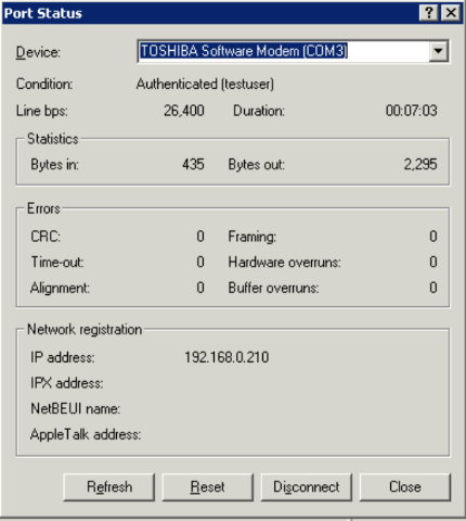 Port status window, showing the statistics of the modem